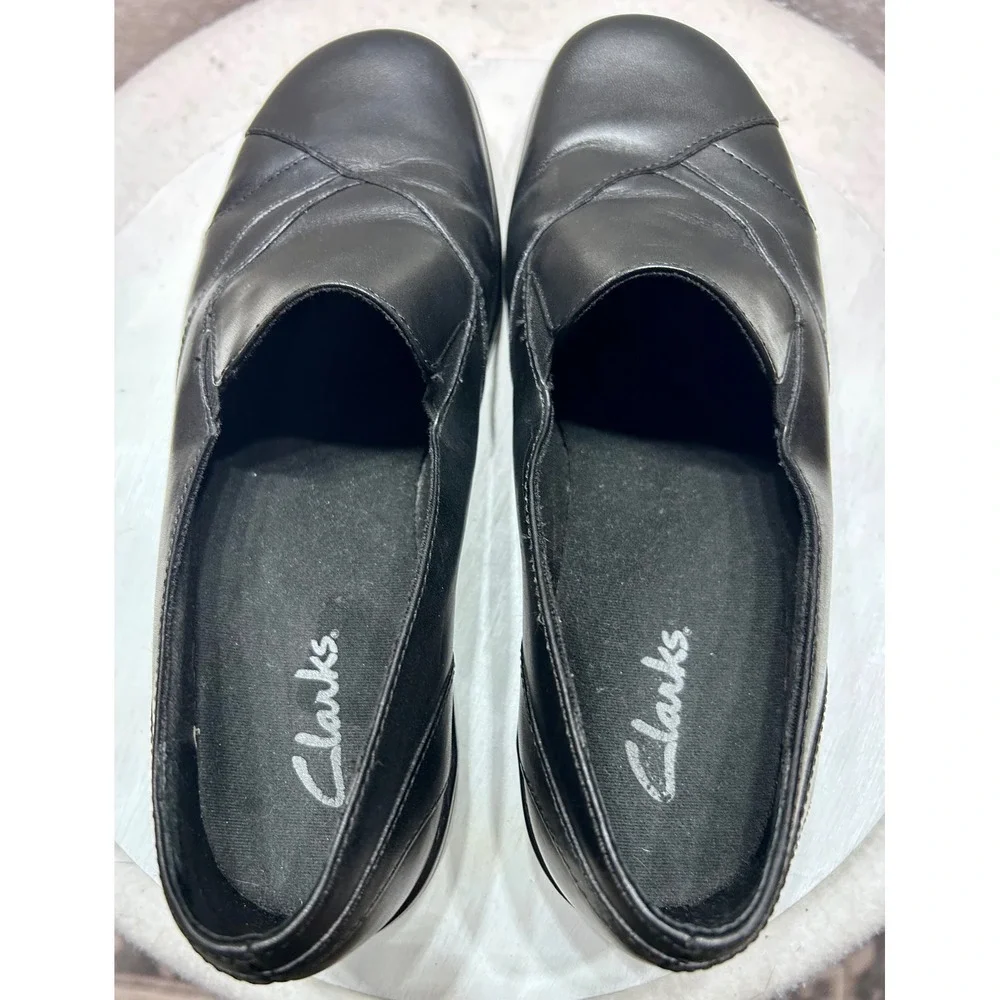 Clarks Womens Black Leather Slip On Loafers Wedge Shoes 8.5M 84629